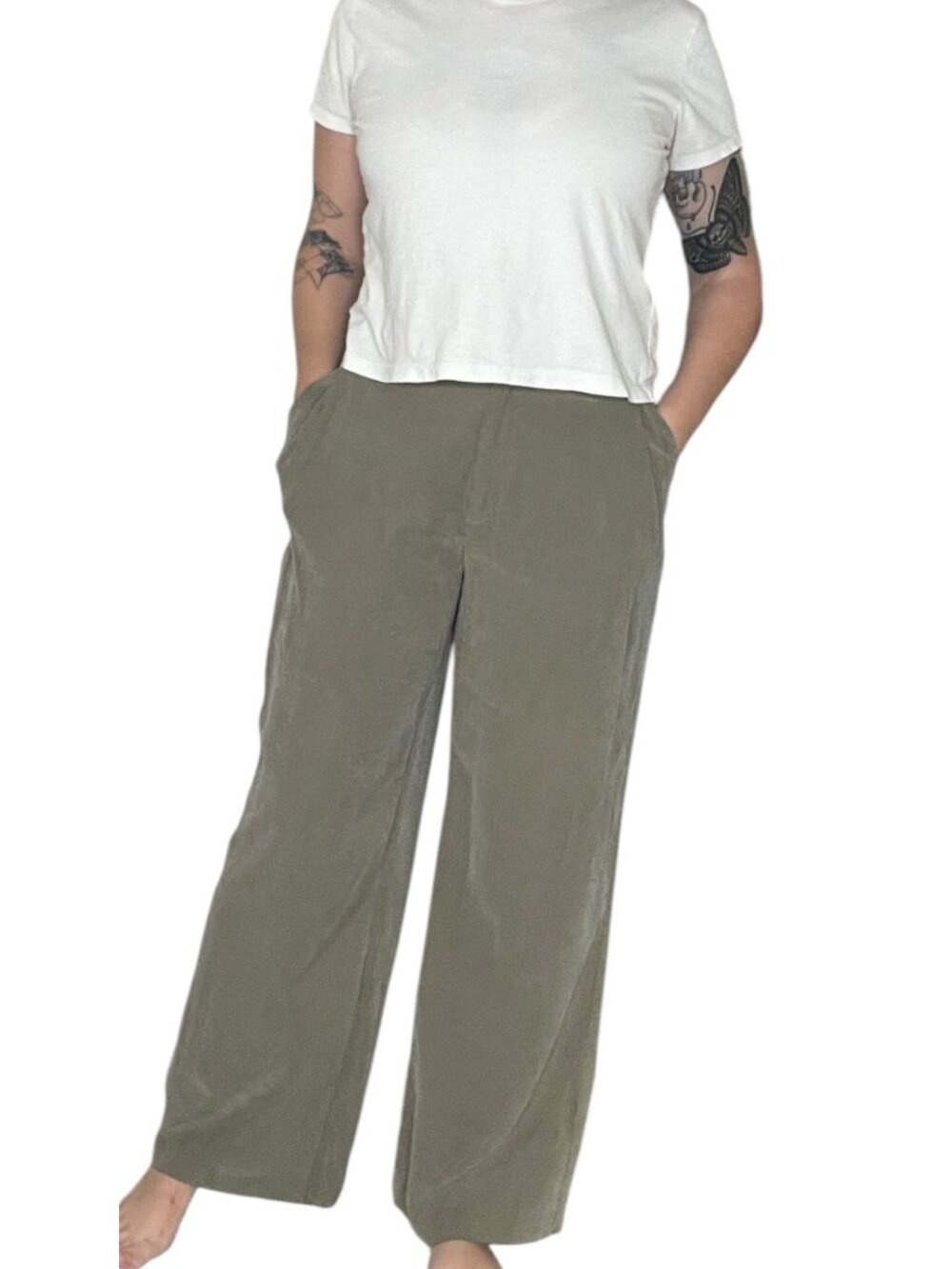 Zara High Waisted Ultra Wide Leg Pleated Trouser Sage Green Modal Blend Size Med